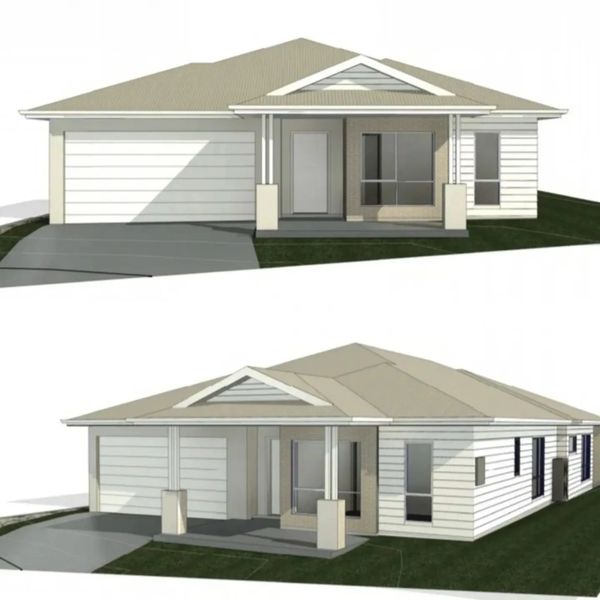 3D render of a modern single-story house with a two-car garage.