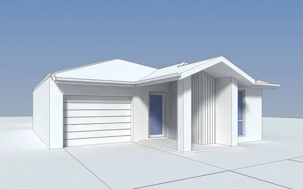 Modern minimalist house design with a garage and a covered entrance.