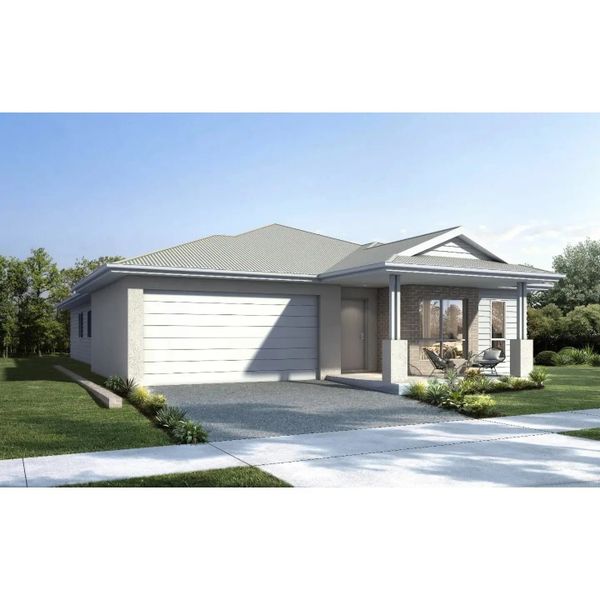 Modern single-story house with a two-car garage and a small front porch.