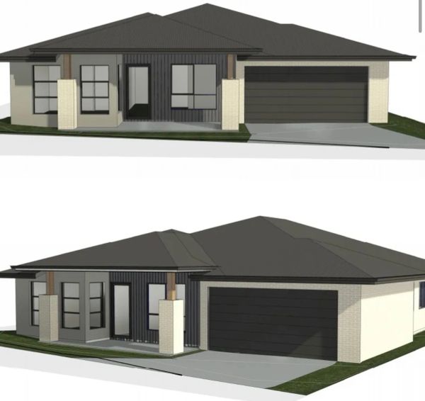 Modern single-story house with dark roof and two-car garage.