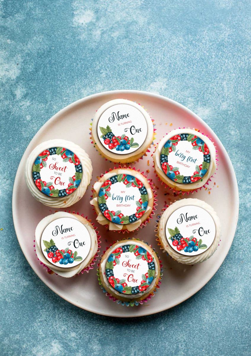 ‘Berry First Birthday’ Edible Cupcake Toppers Personalised