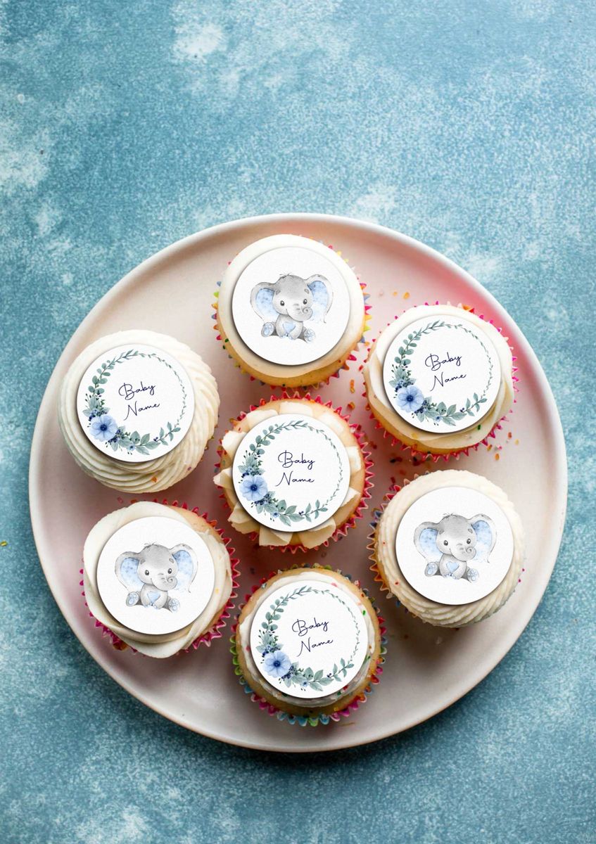Blue Baby Shower Edible Cupcake Toppers Personalised