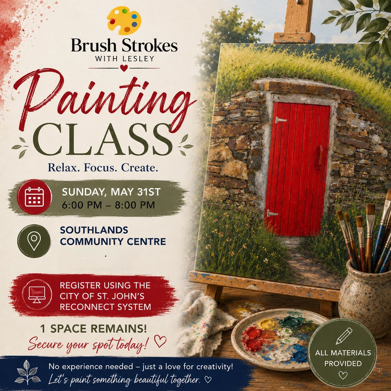 Painting class poster with date, location, and materials info.