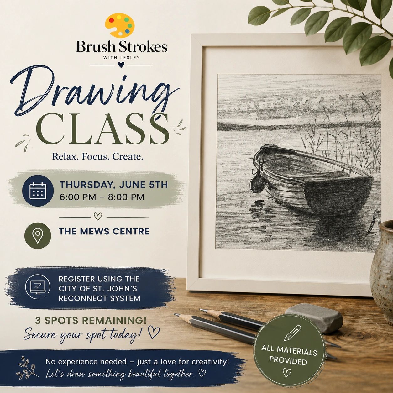 Drawing class announcement with date, location, and materials provided.