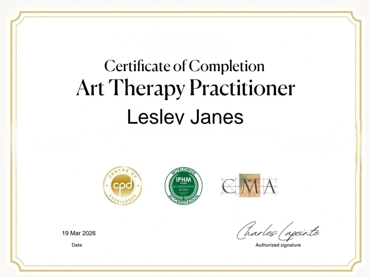 Certificate of Completion for Art Therapy Practitioner awarded to Lesley Janes.