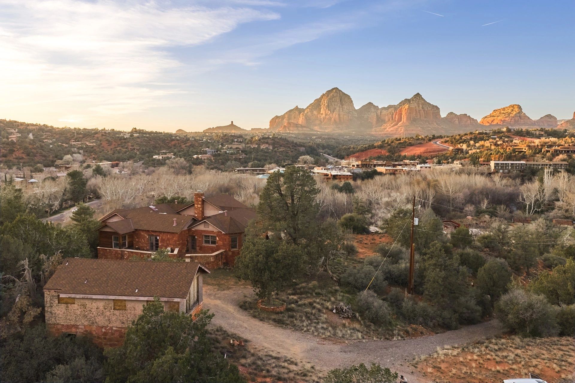 Estate at golden hour with sweeping views