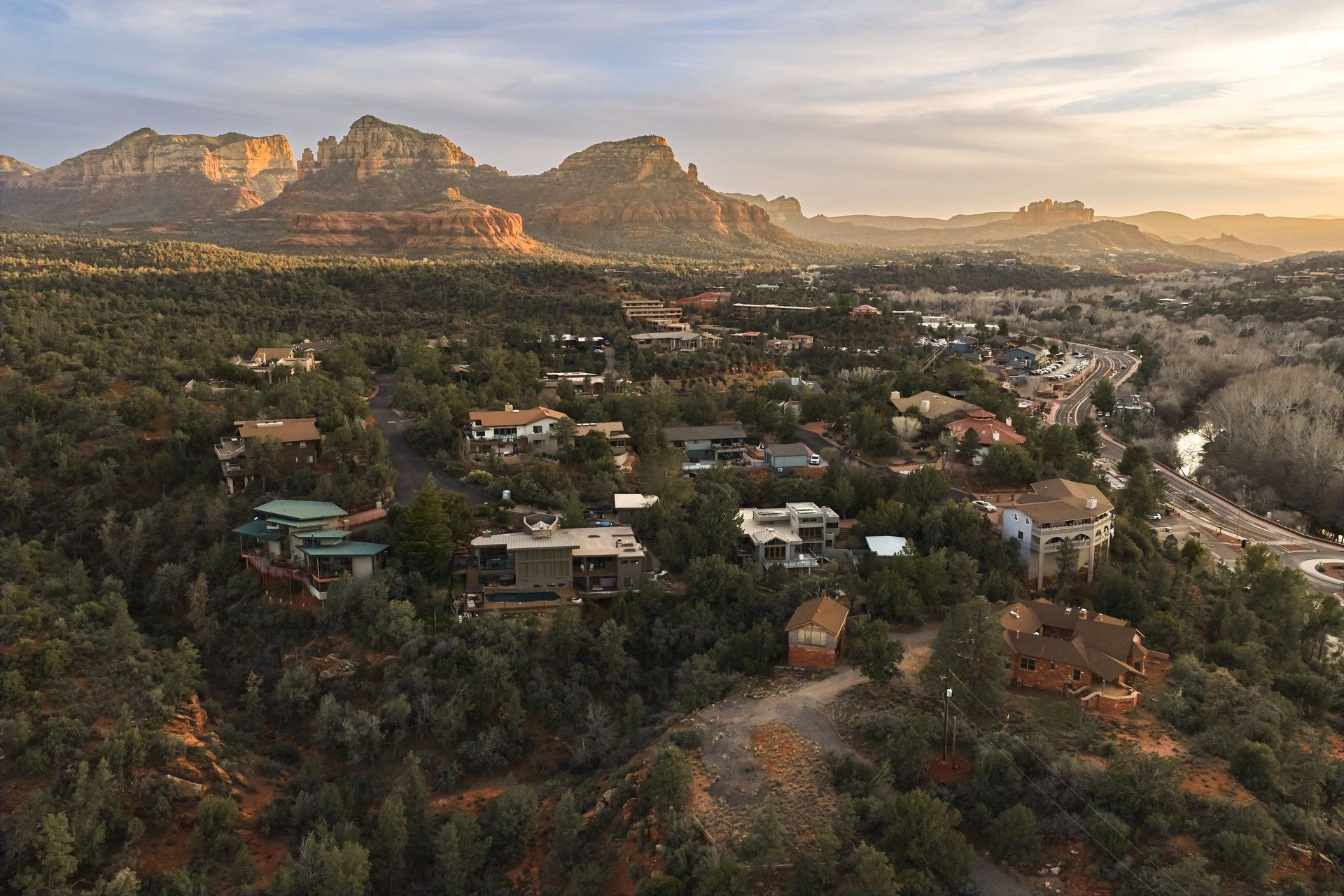 Aerial view with monumental red rock formations