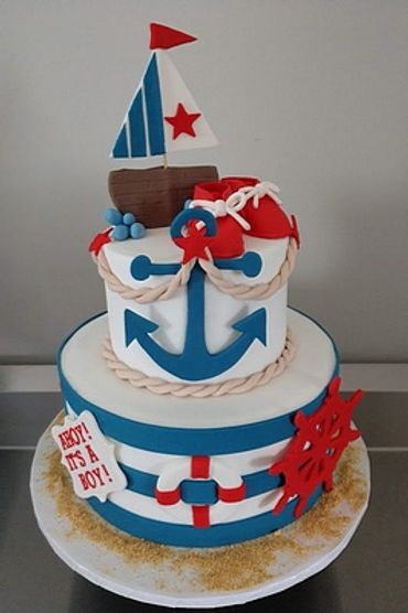 Little Sailor Nautical Baby Shower Cake, VintageBakery.com 803-386-8806
