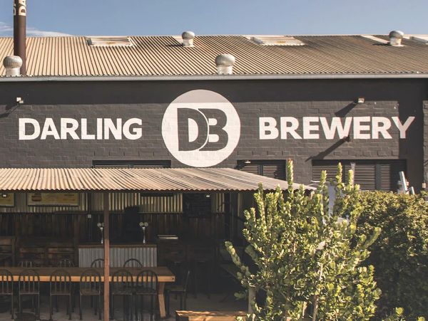 Exterior view of Darling Brewery with outdoor seating under a corrugated roof.