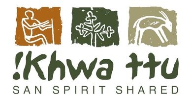 Logo with San spirit symbols and text '!Khwa ttu SAN SPIRIT SHARED'.
