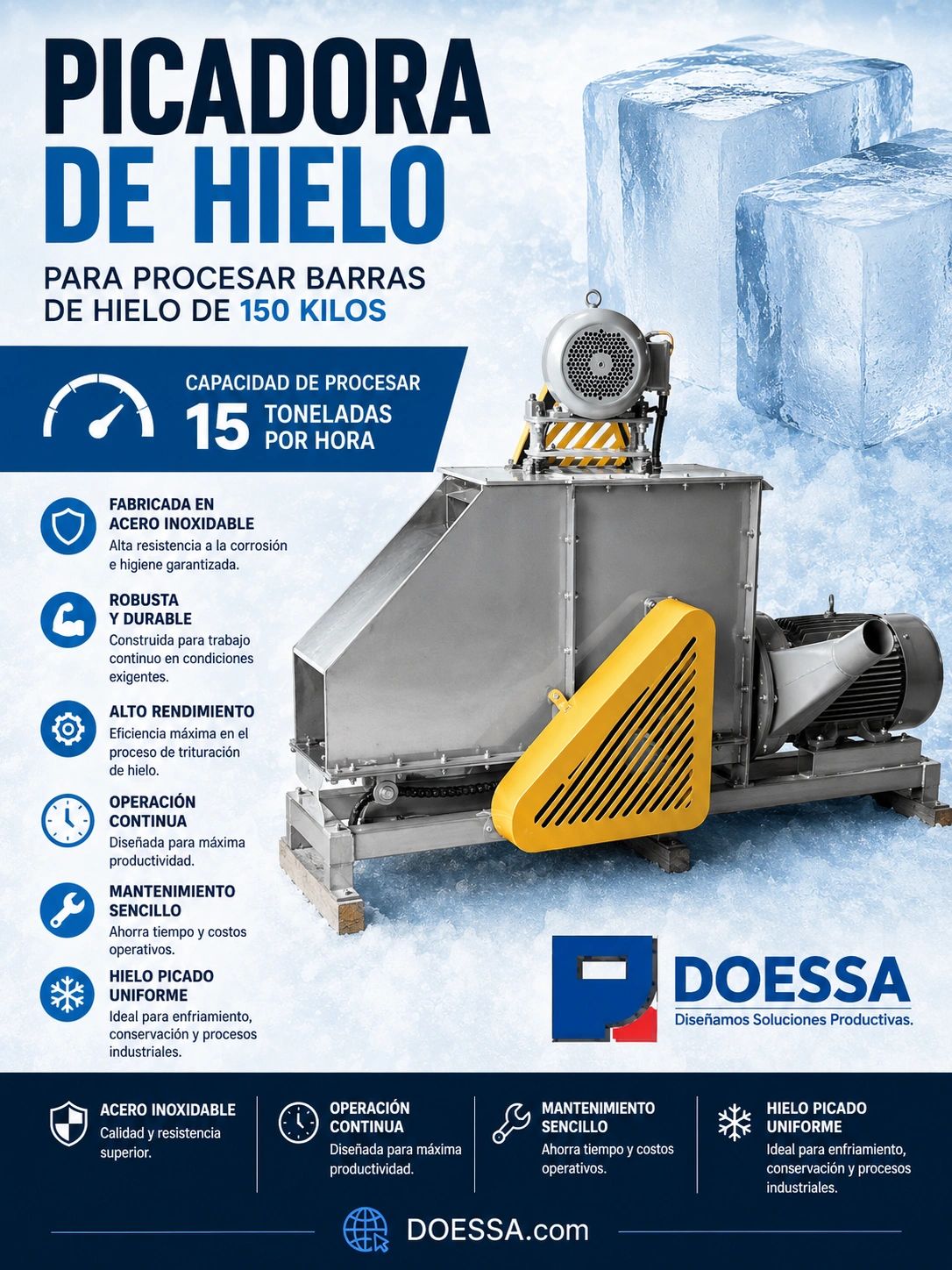 Picadora de hielo robusta y eficiente con capacidad de 15 toneladas por hora.
