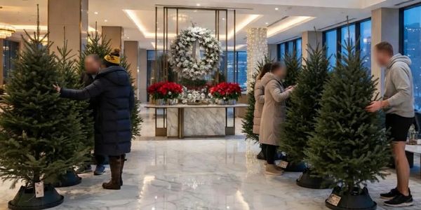 People selecting Christmas trees indoors with festive decorations.