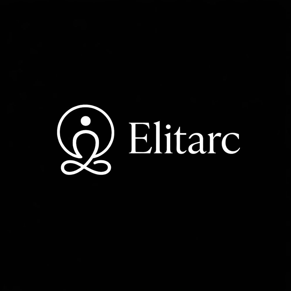 Minimalist white logo with a figure and the word 'Elitarc' on black background.