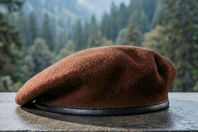 100% Wool Beret in Brown color by DCK® Warrior Beret with leather, artificial leather or PP head