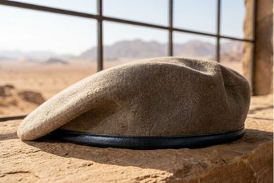 100% Wool Beret in Beige, Khaki  color by DCK® Warrior Beret with leather, artificial leather or PP 