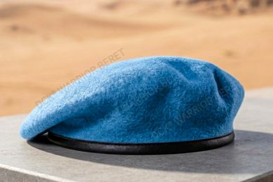 100% Wool Beret in Sky Blue color by DCK® Warrior Beret with leather, artificial leather or PP head