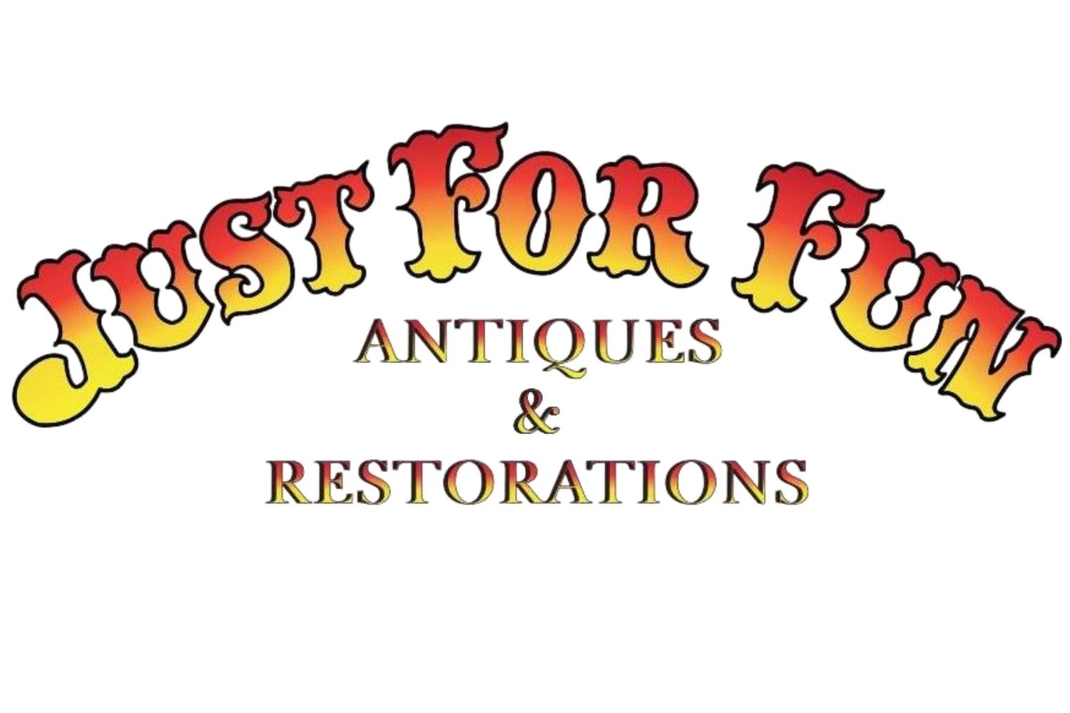 Logo for 'Just For Fun Antiques & Restorations' with gradient text.