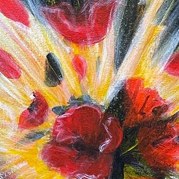 Abstract painting of red flowers with yellow and black accents.