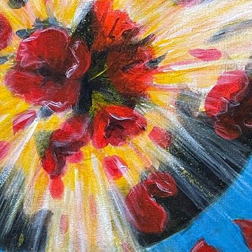 Abstract painting of red flowers with yellow and black accents.