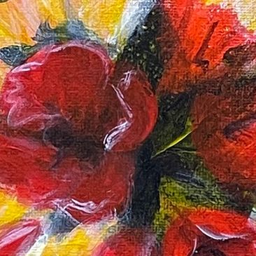 Abstract painting of red flowers with yellow and black accents.