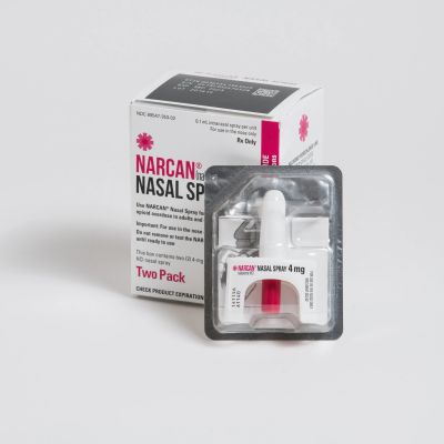 Narcan nasal spray used to reverse opioid overdose, shown with packaging.