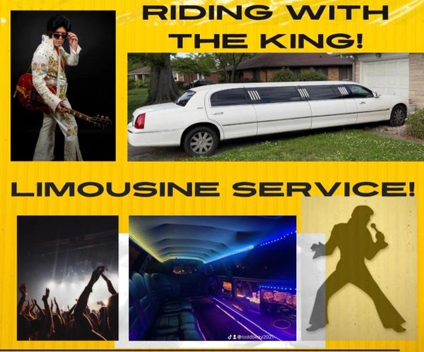 Advertisement for Elvis-themed limousine service with images of Elvis, a limo, and concert crowd.