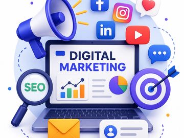 Digital marketing concept with social media icons and tools.