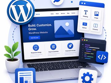 WordPress website building interface on a laptop.