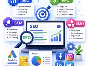 Digital marketing strategies including SEO, PPC, SEM, and SMO.