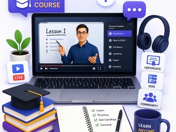 Illustration of an online course setup with laptop, books, and study materials.