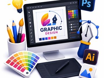 Graphic design workspace with digital and traditional tools.