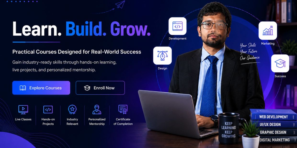 Online courses focused on development, design, marketing, and success.