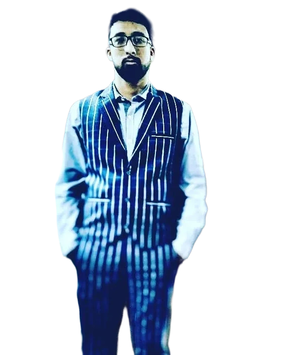Man in a blue striped suit with hands in pockets.