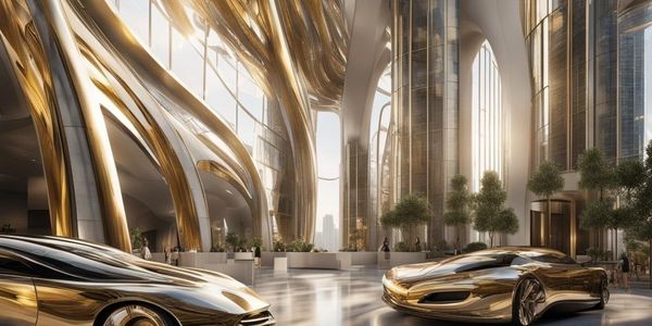 Royal Hostel in a golden glow with future cars. This digital art is the unique. 