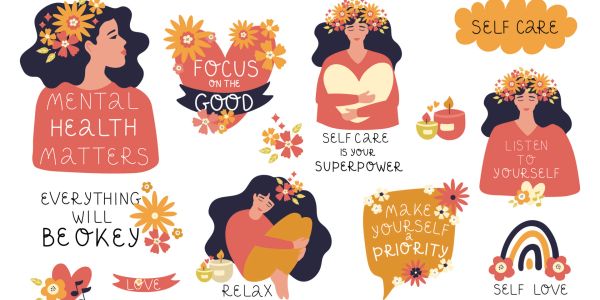 Ilustraciones sobre salud mental y autocuidado con mensajes positivos.