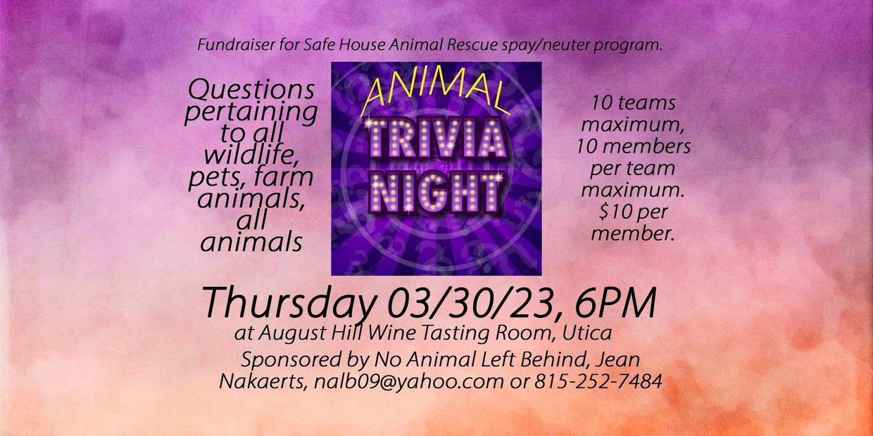 Flyer for Animal Trivia Night fundraiser on 03/30/23 at August Hill Wine Tasting Room.