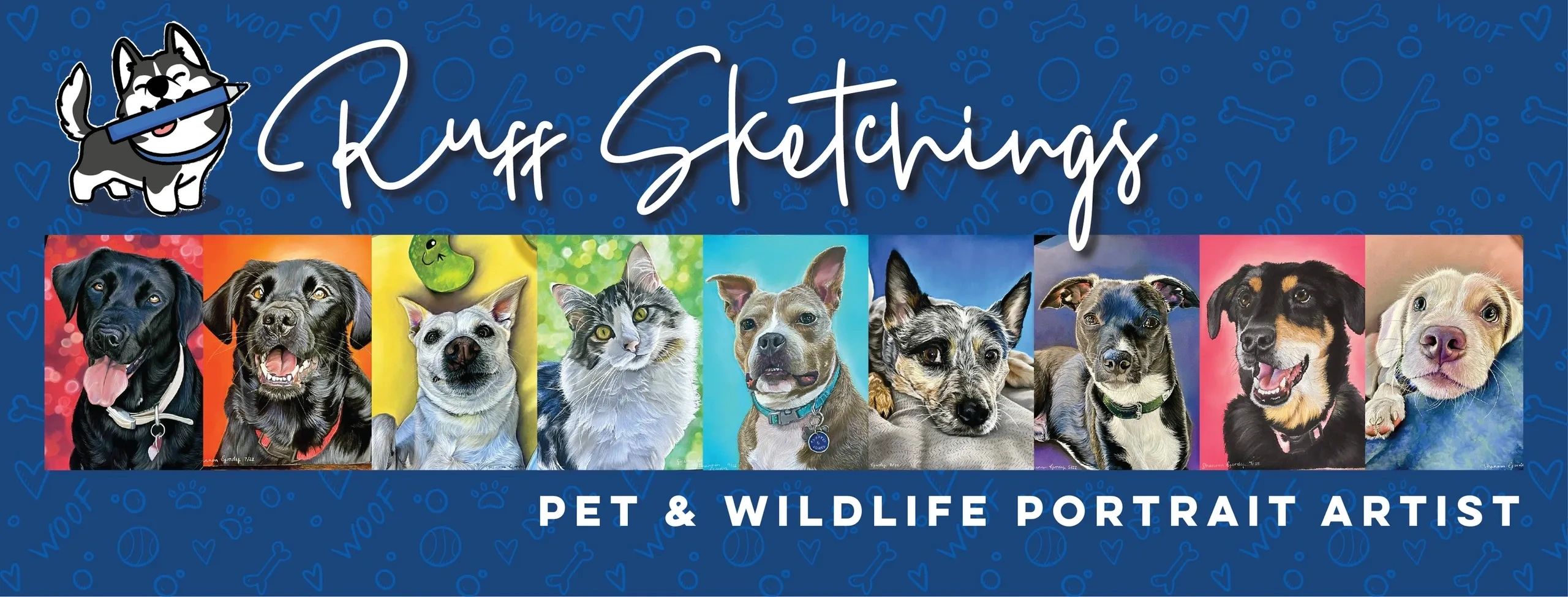 Pet and wildlife portrait artist banner with various pet portraits.