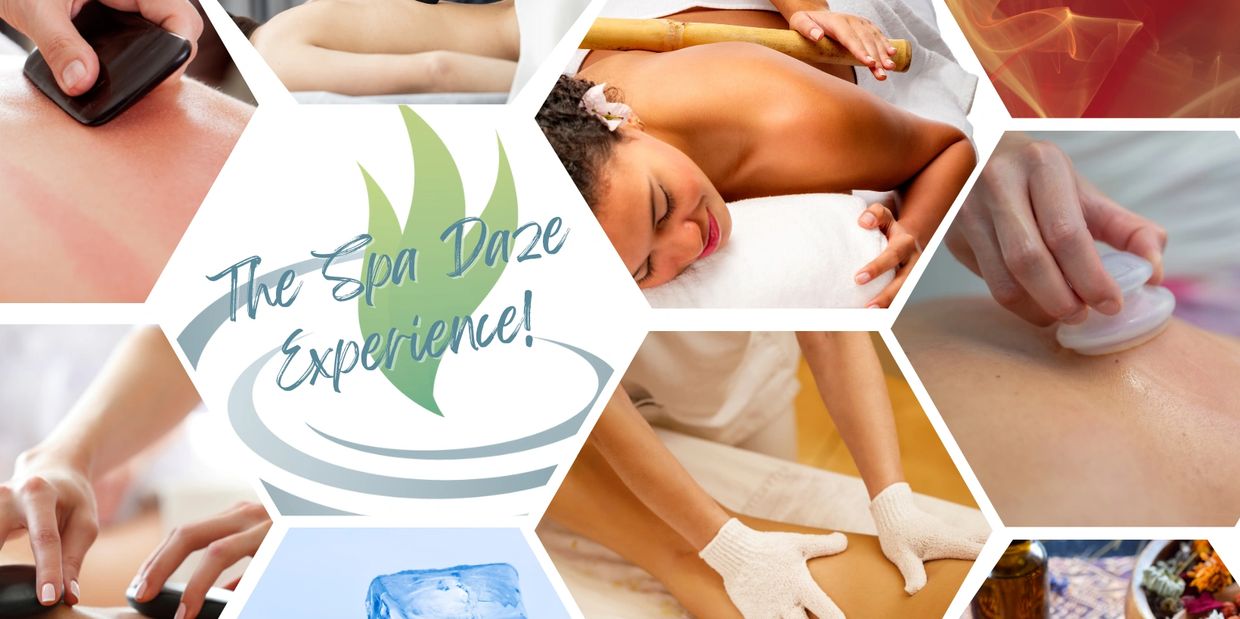 Graphic collage of gua sha, hot stones, exfoliation gloves, bamboo massage, percussion massage