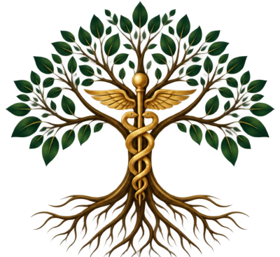 Gold medical caduceus integrated with a tree.