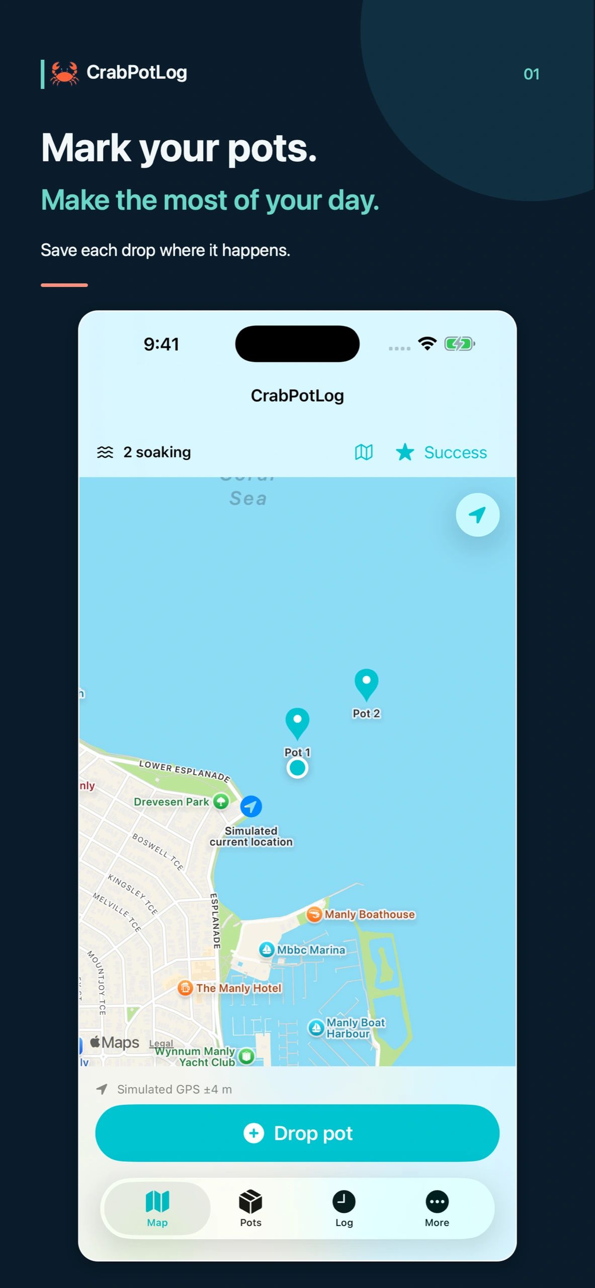 Mark your pots: CrabPotLog iPhone map showing saved pot locations