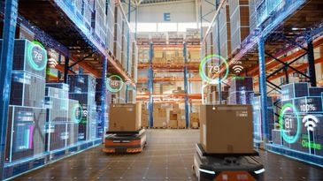 Autonomous robots moving packages in a high-tech smart warehouse.