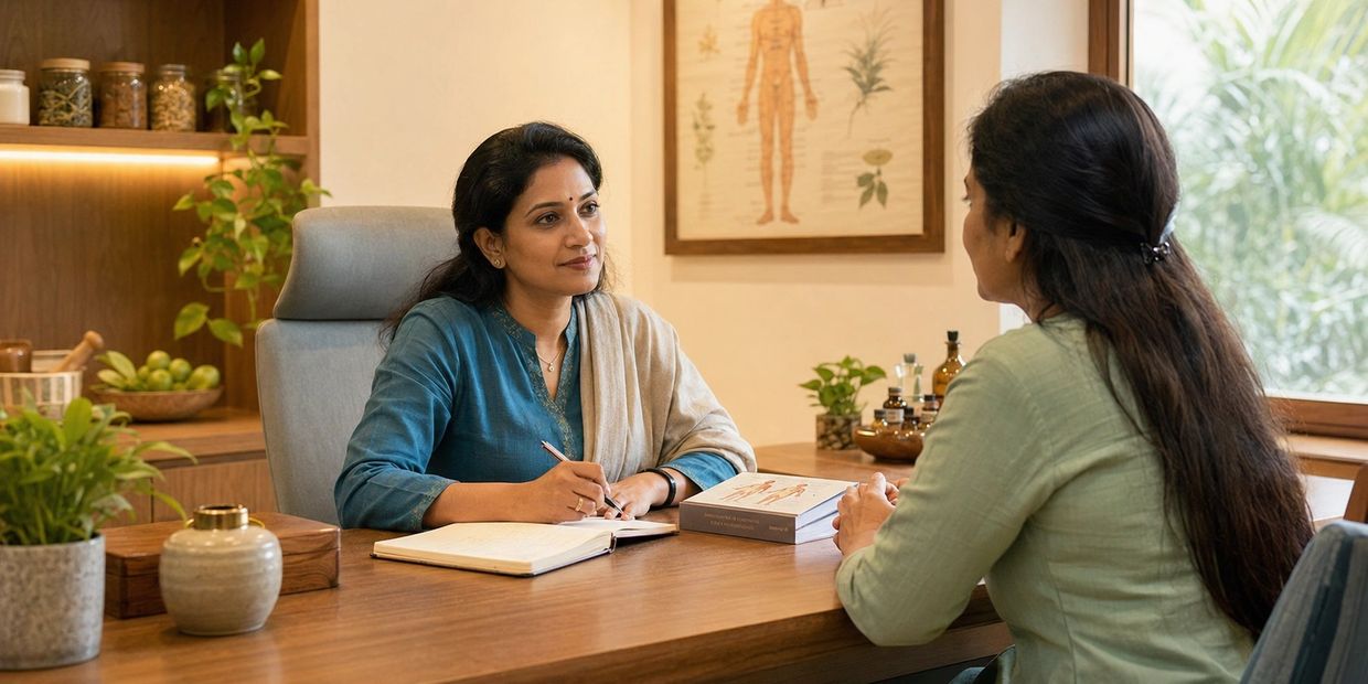 A healthcare professional consulting a patient in a cozy office.