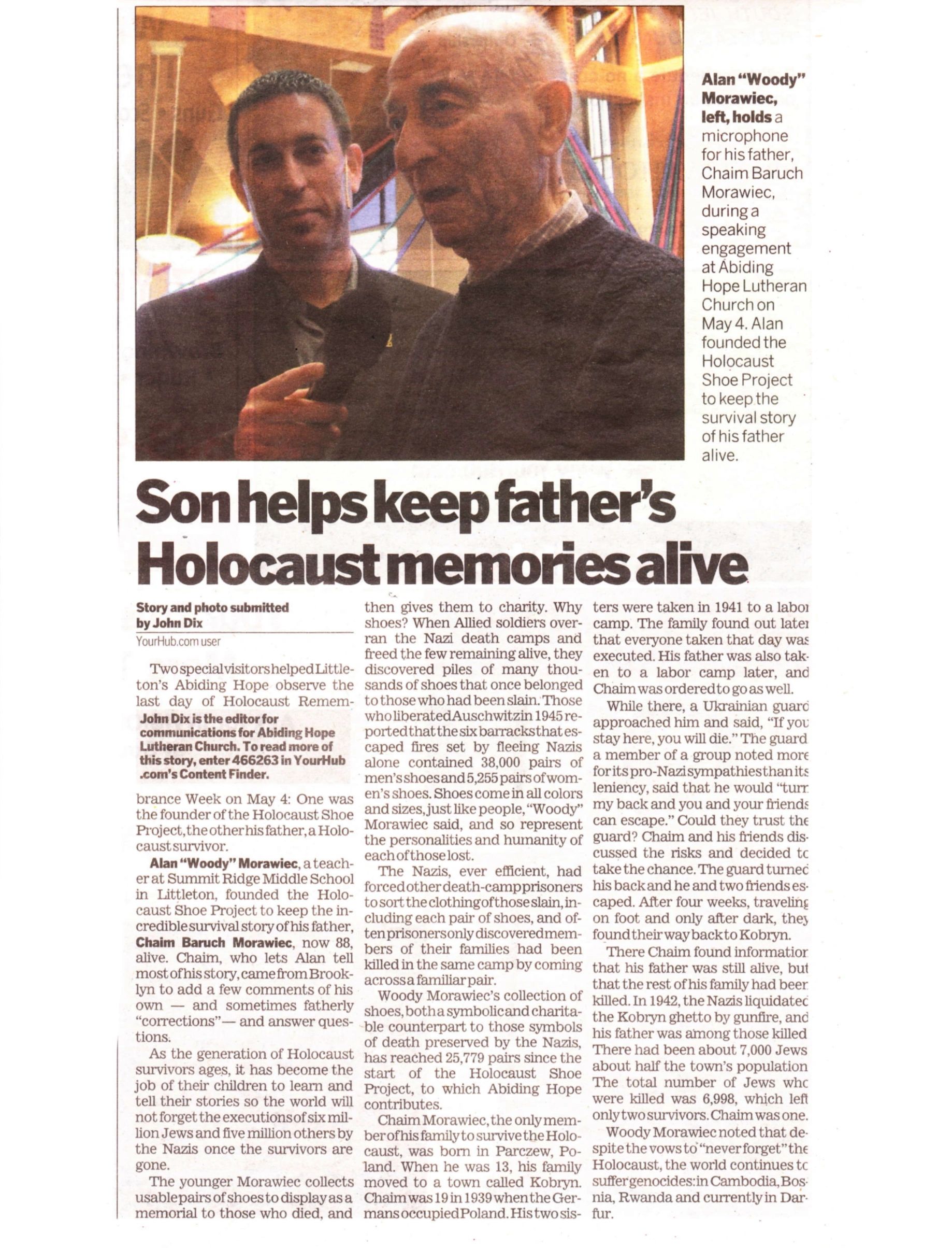 A news article featuring the son of a Holocaust survivor and his elderly father