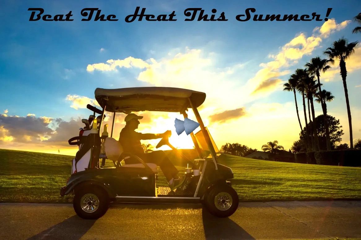Person in a golf cart at sunset with summer slogan.
