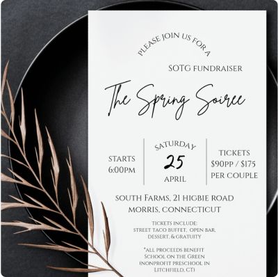 Elegant invitation for The Spring Soiree fundraiser on April 25 in Morris, Connecticut.