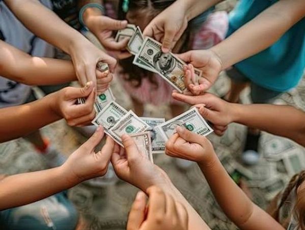 Multiple hands holding U.S. dollar bills together in a circle.