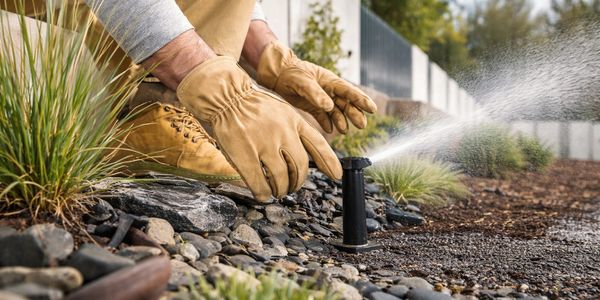Person adjusting a garden sprinkler in a landscaped yard.