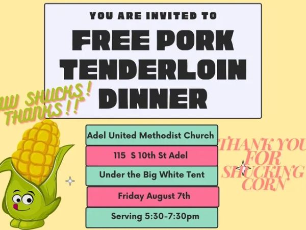 Invitation to a free pork tenderloin dinner at Adel United Methodist Church.
