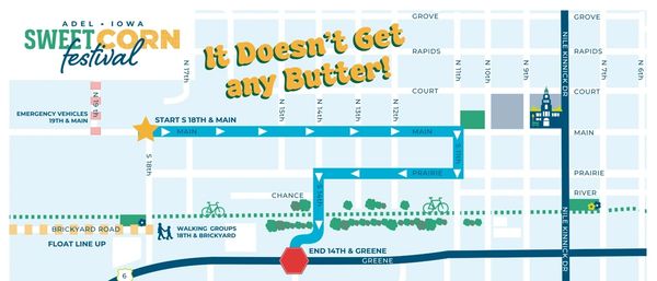 Map of the Sweet Corn Festival parade route in Adel, Iowa.