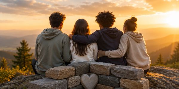 Four friends sitting on rocks, watching a sunset over mountains.